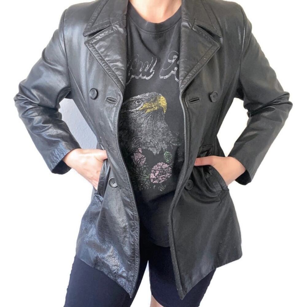 Wilson’s Leather Vintage Black Leather Double Breasted Jacket Size Small